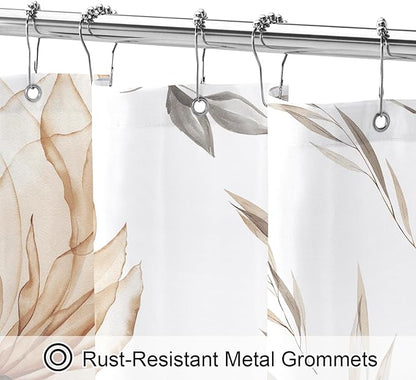 Light Brown and Grey Boho Watercolor Floral Shower Curtain, Ink Painting Style Blossom & Leaf Shower Curtains for Chic Elegant Bathroom, Artistic Tan Fabric Flower Shower Curtain, 72x72