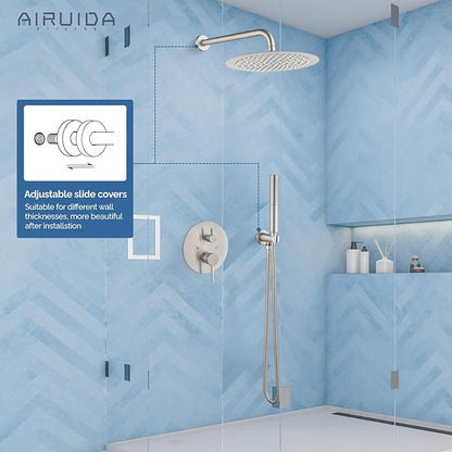 Airuida Shower Fixtures 2 Functions Shower Faucet Set Wall Mounted for Bathroom High Pressure Brass Handheld Shower with Rough-in Valve Round Rainfall 12 Inch Shower Head Brushed Nickel