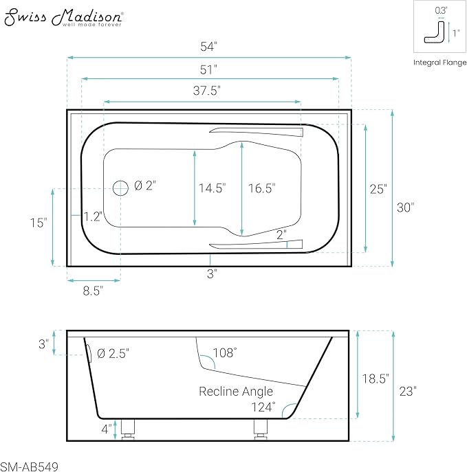 Swiss Madison Well Made Forever SM-AB549 Voltaire Alcove Tub 54" x 30" with Armrest in Glossy White