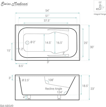 Swiss Madison Well Made Forever SM-AB549 Voltaire Alcove Tub 54" x 30" with Armrest in Glossy White