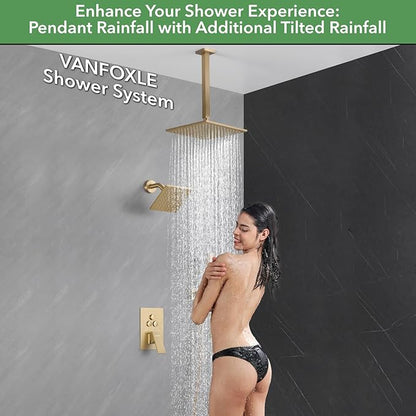 VANFOXLE Shower Faucet Set Brushed Gold Shower System,Push Button Diverter Shower Faucet with 2 in 1 Handheld,Ceiling Mount 10 Inch Shower Head with 6 Inch Wall Mount Shower Head
