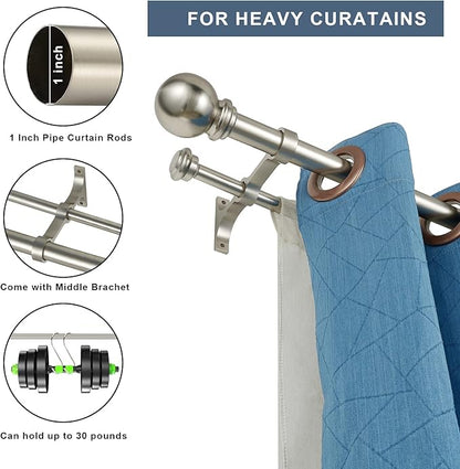 Double Curtain Rod 48 to 84 inch, Adjustable 1 inch Double Drapery Rod Rods for Windows and Doors with Ball Round Finials and Premium Aluminum Brackets Set(48-84",Brushed Nickel)