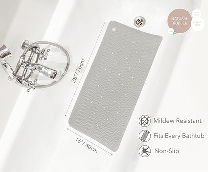 HEVEA Natural Rubber Wave Bath Mat – Long 28 × 16 in - Non-Slip Shower & Bathtub Mat with 388 Suction Cups, Plastic-Free & Biodegradable (Granite)