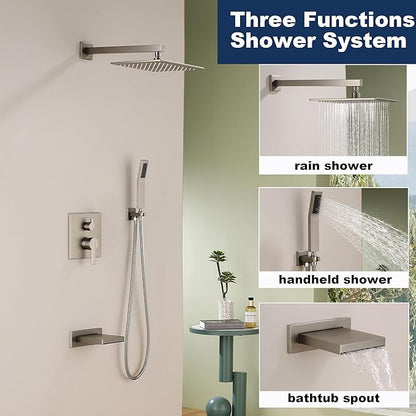 Shower System with Tub Spout, All Metal Bathtub Shower Faucet Set with High Pressure 10 Inch Rain Shower Head and Handheld Shower Head Set, Brushed Nickel (Valve Include)