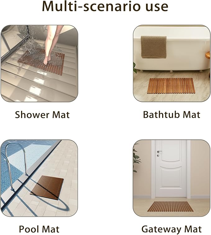 OLDTREE 15.78" W x 23.62" L Foldable Teak Shower Mat, Non Slip, Luxury Wood Bathroom Mat for Spa Home,Indoor or Outdoor