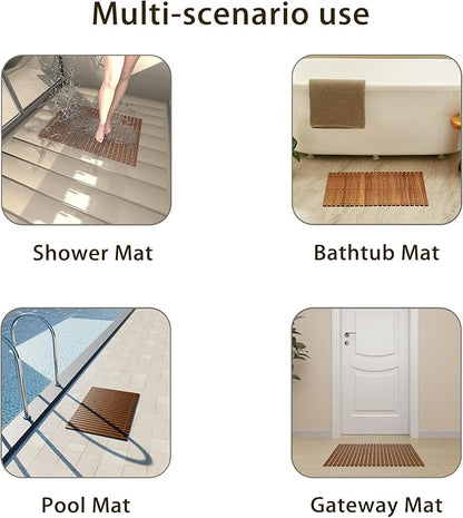OLDTREE 15.78" W x 23.62" L Foldable Teak Shower Mat, Non Slip, Luxury Wood Bathroom Mat for Spa Home,Indoor or Outdoor