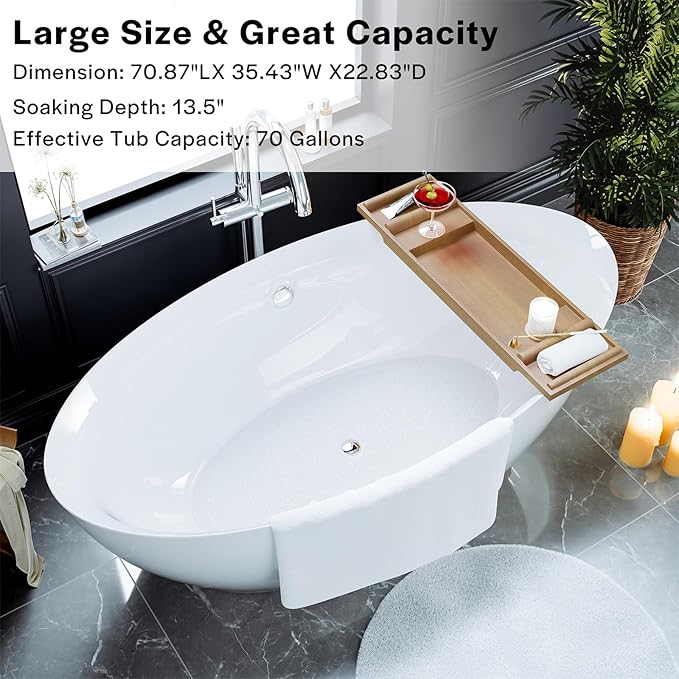 Empava Freestanding Bathtub, 71" Soaking Tub with Center Drain & Overflow – Acrylic Tub, Non-Slip Flat Bottom, Glossy White, cUPC Certified