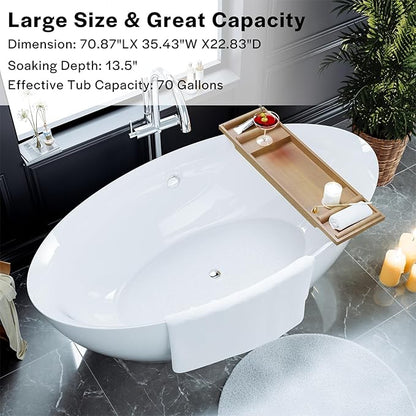 Empava Freestanding Bathtub, 71" Soaking Tub with Center Drain & Overflow – Acrylic Tub, Non-Slip Flat Bottom, Glossy White, cUPC Certified
