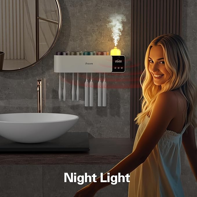 iHave Toothbrush Holders with UV Toothbrush Sanitizer, Aromatherapy Diffuser & IR Night Light - 4-Hour Smart Cruise Disinfection, Auxiliary Combo Drying - Wall-Mounted Bathroom Organizer with 4 Cups