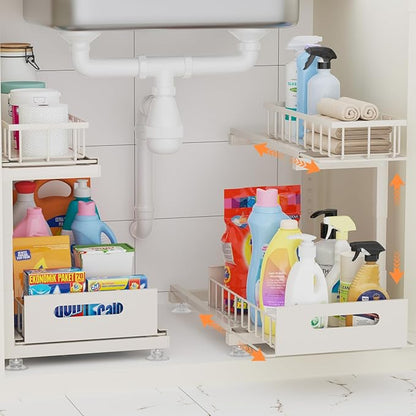2 Pack Under Sink Organizer, Heavy Duty Metal Slide Out Sink Shelf Organizer Height Adjustable, Multi-Purpose Storage Shelf for Kitchen Bathroom (Sand,2Pack)