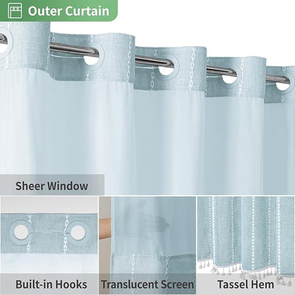 No Hook Long Shower Curtain Set with Snap-in Fabric Liner,Linen Textured Thick Striped Fabric with Tassels,Boho Farmhouse Rustic Luxury Bathroom Curtain,Water-Repellent,Fog Blue,71x80