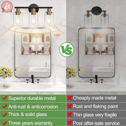 3-Light Bathroom Light Fixtures, Black and Gold Bathroom Wall Lights, Modern Vanity Light with Clear Glass Shade, Bathroom Wall Lamp for Mirror Kitchen Bedroom Hallway Cabinet