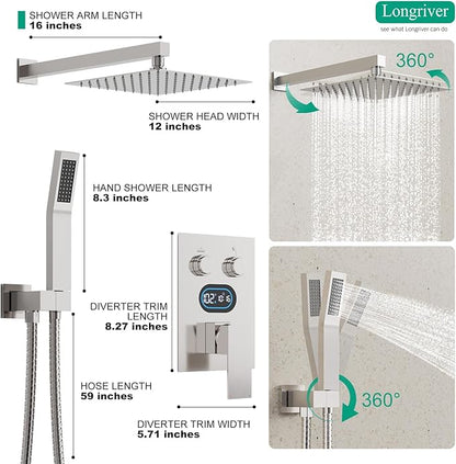 Push Button Diverter Shower Faucet Set Hydro Power Temperature Display, Shower System 12 Inch Shower Head with Handheld Spray, Wall Mounted Shower Fixtures with Valve and Trim Kit, Brushed Nickel