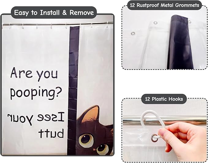 Clear Cute Funny Black Cat Shower Curtain Liner, Are You Pooping Shower Curtain, Fun Anime Cat Shower Curtains for Bathroom, 72x72 Plastic Cool Summer Shower Curtain Set with Weighted Magnets 12 Hooks