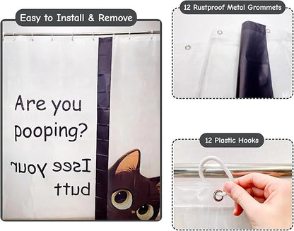 Clear Cute Funny Black Cat Shower Curtain Liner, Are You Pooping Shower Curtain, Fun Anime Cat Shower Curtains for Bathroom, 72x72 Plastic Cool Summer Shower Curtain Set with Weighted Magnets 12 Hooks