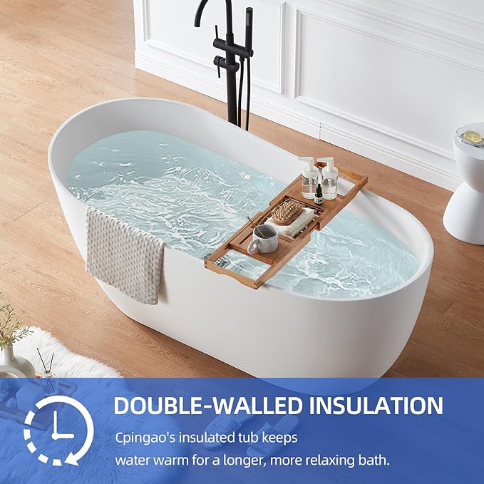 Cpingao Stone Resin Solid Surface 55" Oval Freestanding Bathtub, Modern Stand Alone Soaking Tub with Overflow and Pop Up Drain, One-Piece Molding Matte White 8828-1400