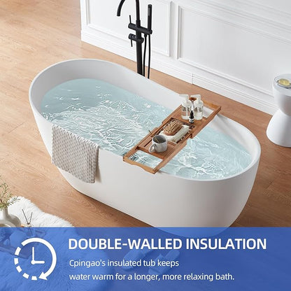 Cpingao Stone Resin Solid Surface 55" Oval Freestanding Bathtub, Modern Stand Alone Soaking Tub with Overflow and Pop Up Drain, One-Piece Molding Matte White 8828-1400