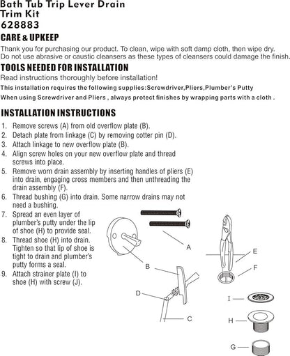 Artiwell Trip Lever Tub Trim Kit Set With Trip Lever Overflow Face Plate, Trip Lever Bathtub Drain with Strainer, Overflow and Matching Screws (BRUSHED NICKEL)