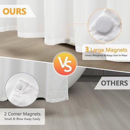 60''W Waterproof Fabric Shower Curtain Liner with 3 Lerge Magnets, 60 x 78 Inch Washable Cloth Shower Liner Extra Long, White Lightweight Bathroom Curtain for Walk in Shower
