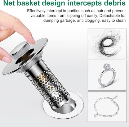 Bathroom Sink Drain Strainer,Pop-Up Sink Stopper Hair Catcher, Anti-Clog Stainless Steel Drain Filter Basket, Removable Sink Drain for Bathroom Sink Stopper Replacement (Silver-1)
