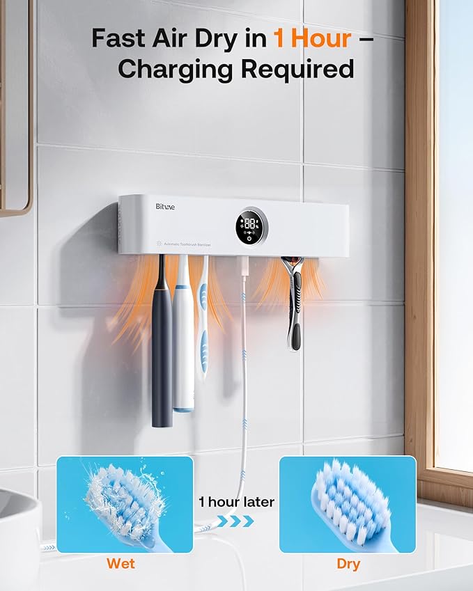 Bitvae Toothbrush Holder, Cleaning and Fast Drying, 5 Toothbrush Slots or Shaver Slot Accessories for Family, LED Smart Screen, Wall Mounted Holders for Bathrooms