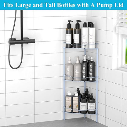3 Tier Floor Standing Corner Shower Caddy Organizer Shelf with Hooks, Bathroom Shelves Stand Rack, Blue