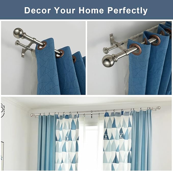 Double Curtain Rod 28 to 48 inch, Adjustable 1 inch Double Drapery Rod Rods for Windows and Doors with Ball Round Finials and Premium Aluminum Brackets Set (28-48",Brushed Nickel)