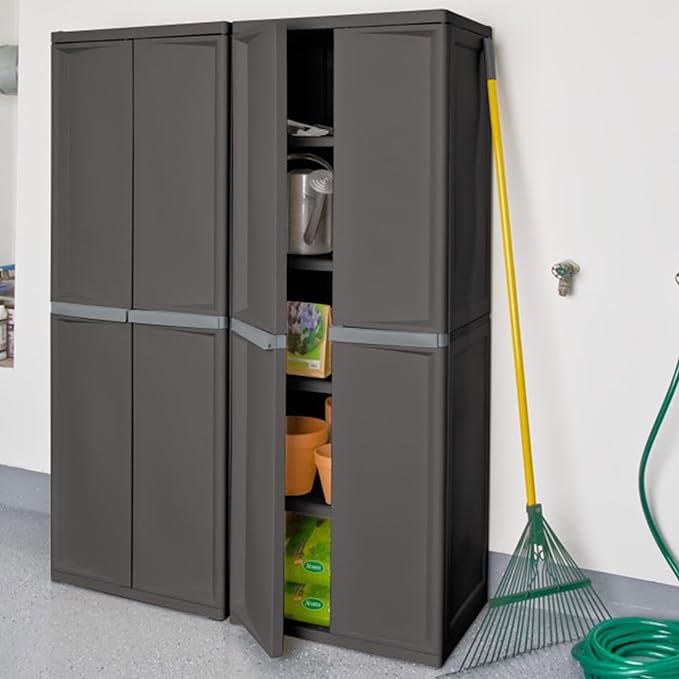 Sterilite 2-Pack 4 Shelf Cabinet, Lockable Utility Storage w/ Adjustable Shelves, Gray - Plastic Shelving Unit for Organizing Garage, Pantry, Basement, Laundry Room or Mudroom