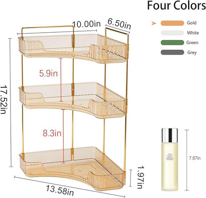 YCIA&DONE Corner Bathroom Counter Organizer, Makeup Organizer for Vanity, Skincare Cosmetic Perfume Tray, Corner Countertop Shelf Rack Storage for Bathroom Kitchen 3 Tiers (Amber Gold)