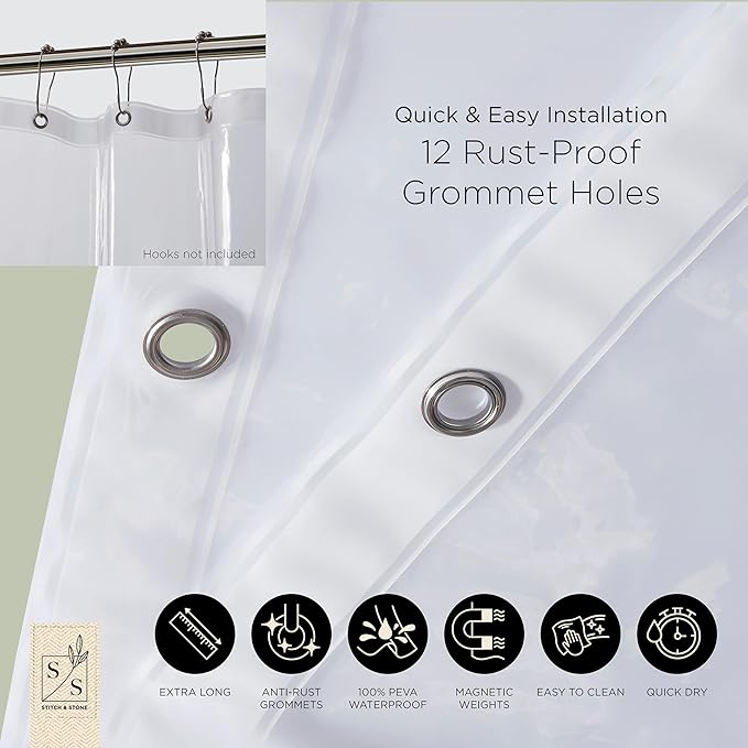 Stitch & Stone Shower Curtain Liner, Premium Medium Weight Durable Waterproof 6g PEVA for Bathroom with Weighted Magnets, Extra Long 72" x 84", Clear 1 Pack