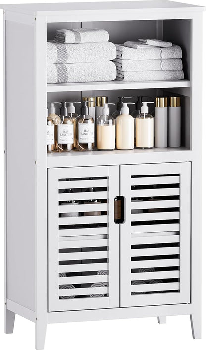 HITNET White Bathroom Cabinet, Bamboo Storage Cabinet Freestanding, Side Tall Storage Organizer for Kitchen Living Room Entryway