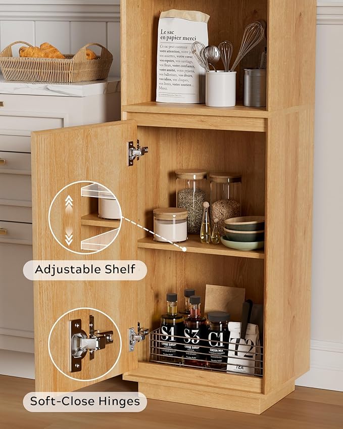67" Tall Bathroom Storage Cabinet with Door & Adjustable Shelves Modern Narrow Tower Cabinet Slim Freestanding Tower Organizer for Small Spaces, Kitchen, Living Room, Natural Oak