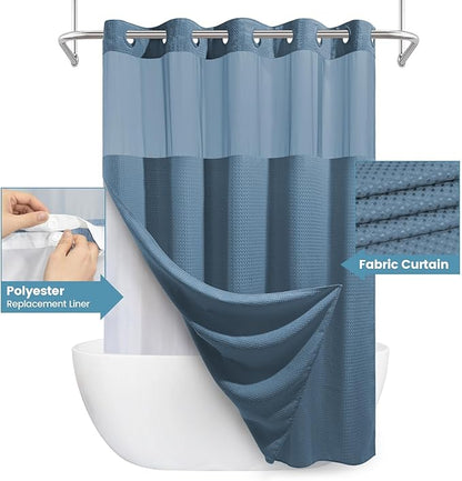 Moonlight Blue Long No Hook Shower Curtain with Snap in Liner,230GSM Waffle Weave Shower Curtains for Bathroom,71W x 86H