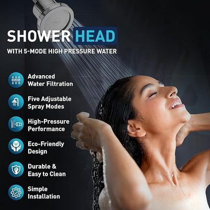 Mist Shower Filter Head for Hard Water Improves Skin, Hair, and Nails - 5 Modes High Output Filtered Shower Head with Filter Softens Water and Removes Chlorine and Heavy Metals, Chrome