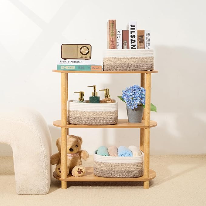 Small Storage Baskets for Organizing | Closet Organizer Bins | Shelf Toy Basket | Woven Rope Baskets | Cube Decorative Box | Shallow Basket |11.5x7.5x4.7”| 3 Packs Gradient Brown