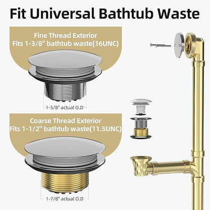 Chrome Plated Tub Drain Kit with Hair Catcher, Premium Brass Mushroom Tip-Toe Bathroom Tub Drain Replacement and 2-Hole Overflow Faceplate, 11.5/16 UNC Bathtub Drain Stopper Assembly