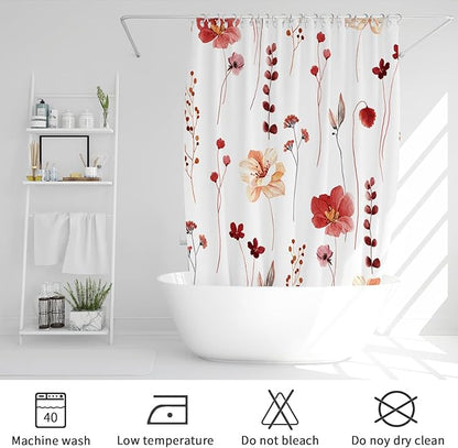 Gibelle Watercolor Floral Shower Curtain, Red Beige Flower Shower Curtain for Bathroom, Modern Minimalist Waterproof Fabric Shower Curtain Set 72x72 Inch