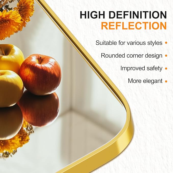 Delma Bathroom Mirror, Sleek Wall Mirror for Over Sink, Tempered Glass, Anti-Rust, Hangs Horizontally or Vertically for Bathrooms, Bedrooms & Entryways(40x28, Gold)