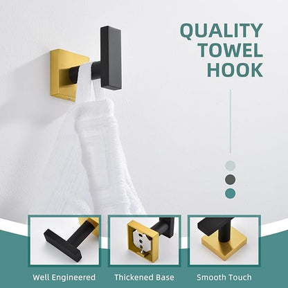 Angle Simple Towel Hook Black & Gold, Stainless Steel Bathroom Towel Holder, Robe Hook, Kitchen Towel Hanger, Wall Mount