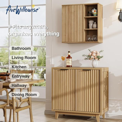 Fluted Bathroom Wall Cabinet, Small Medicine Wall Cabinet with Doors and Adjustable Shelves, Kitchen Wall Mounted Storage Cabinet, Floating Space Saver Over Toilet, Natural