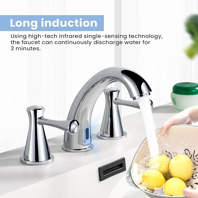 Touchless Bathroom Faucet for 3 Holes 3 Handles, Controlling Temperature & Adjustable Water Flow, Short & Long Induction Modes, Auto Motion Sensor Bathroom Faucet Set (29183 Brushed Nickel)