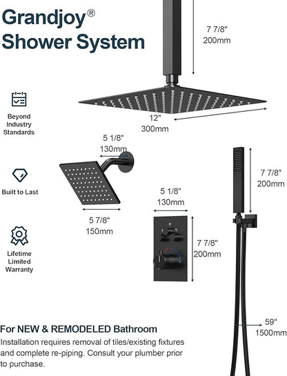 Thermostatic Shower System, Dual Rainfall Shower Heads for Ceilling & Wall Mounted with Handheld Sprayer, Matte Black