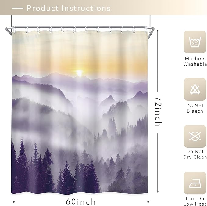 Riyidecor Misty Mountain Shower Curtain 60Wx72H Inch Purple Sunrise Nature Scenery Foggy Pine Tree Woodland Modern Rustic Natural Landscape Bathroom Decor Fabric Polyester Waterproof 12 Pack Hooks