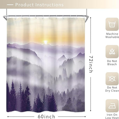 Riyidecor Misty Mountain Shower Curtain 60Wx72H Inch Purple Sunrise Nature Scenery Foggy Pine Tree Woodland Modern Rustic Natural Landscape Bathroom Decor Fabric Polyester Waterproof 12 Pack Hooks