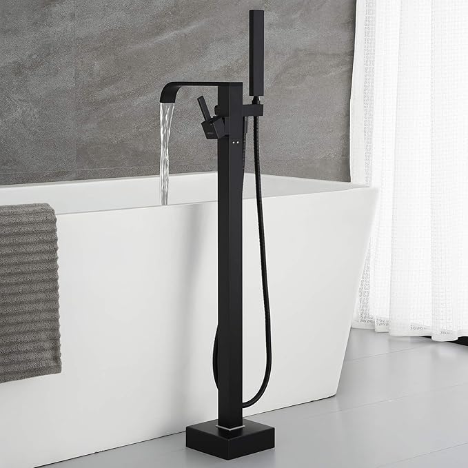 Freestanding Bathtub Faucet Tub Filler Black Floor Mount Bathroom Faucets Brass Single Handle with Hand Shower