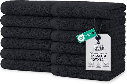 DAN RIVER 12 Pack Wash Cloths for Showering [12x12] - 100% Cotton Washcloths Premium Quality Flannel Face Cloths for Bathroom, Highly Absorbent and Soft Feel Wash Clothes, Charcoal