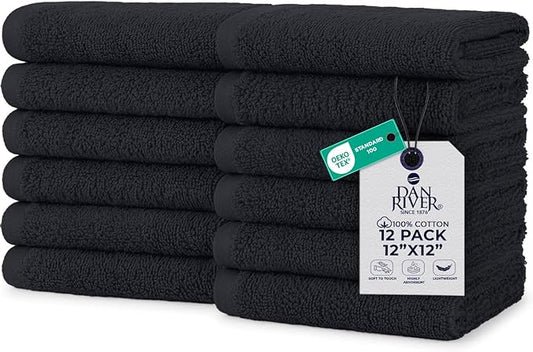 DAN RIVER 12 Pack Wash Cloths for Showering [12x12] - 100% Cotton Washcloths Premium Quality Flannel Face Cloths for Bathroom, Highly Absorbent and Soft Feel Wash Clothes, Charcoal