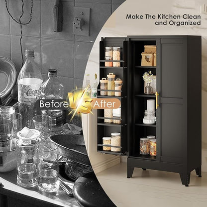 48" H Metal Kitchen Pantry Storage Cabinet, Freestanding Cupboard Storage Cabinet with Doors and Adjustable Shelves, Large Stand Up Food Cupboard for Living Room, Dinning Room, Black