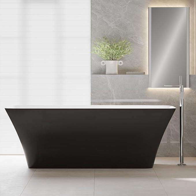 Freestanding Bathtubs 67 inch Acrylic Stand Alone Tub – Black Exterior White Interior, Chrome Drain, Ergonomic Oval Design, Modern Freestanding Tub for Bathroom, Family or Guest Use