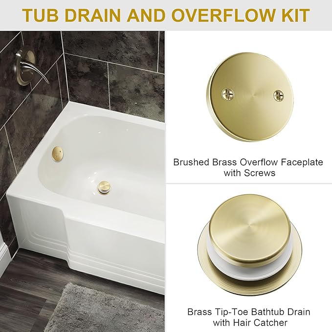 Brushed Brass Bathtub Drain Stopper and Overflow Kit, Solid Brass Tip-Toe Bath Tub Drain with Hair Catcher - Universal Coarse/Fine Thread, Bathroom Bathtub Plug Replacement, 11.5/16 UNC